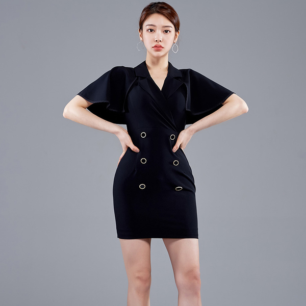 Summer Fashion Office OL Dresses Women Cloak Sleeves Notched Collar Double breasted Slim Club Bodycon Mini Dress 210518
