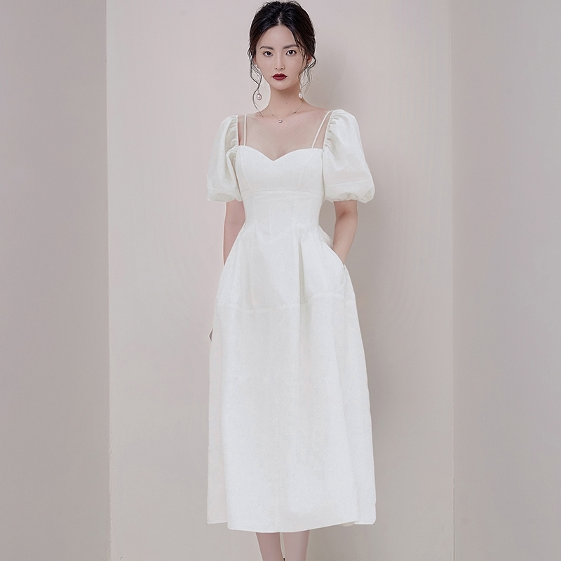 Fashion Summer Dress Women's Temperament Ladies Puff Sleeve White Slim Long Vestidos 210520