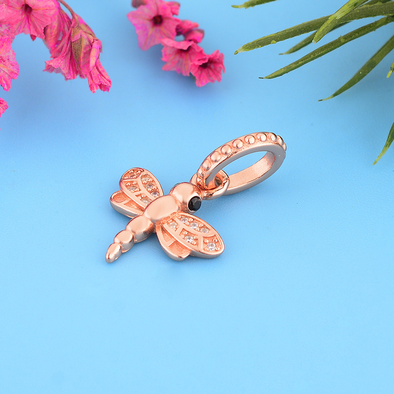 Fit Original Brand Pan Charm Bracelet 925 Silver Rose Gold Animal Insect Dragonfly Zirconia Pendant Bead Women Spring Berloque