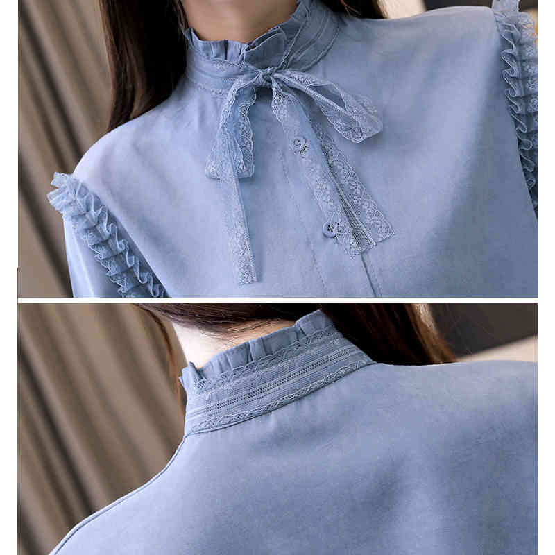 Long Sleeve Solid Blouse Women Shirt OL Casual Bow Collar Cardigan Clothes Blue Pink Camisas Mujer 6946 50 210508