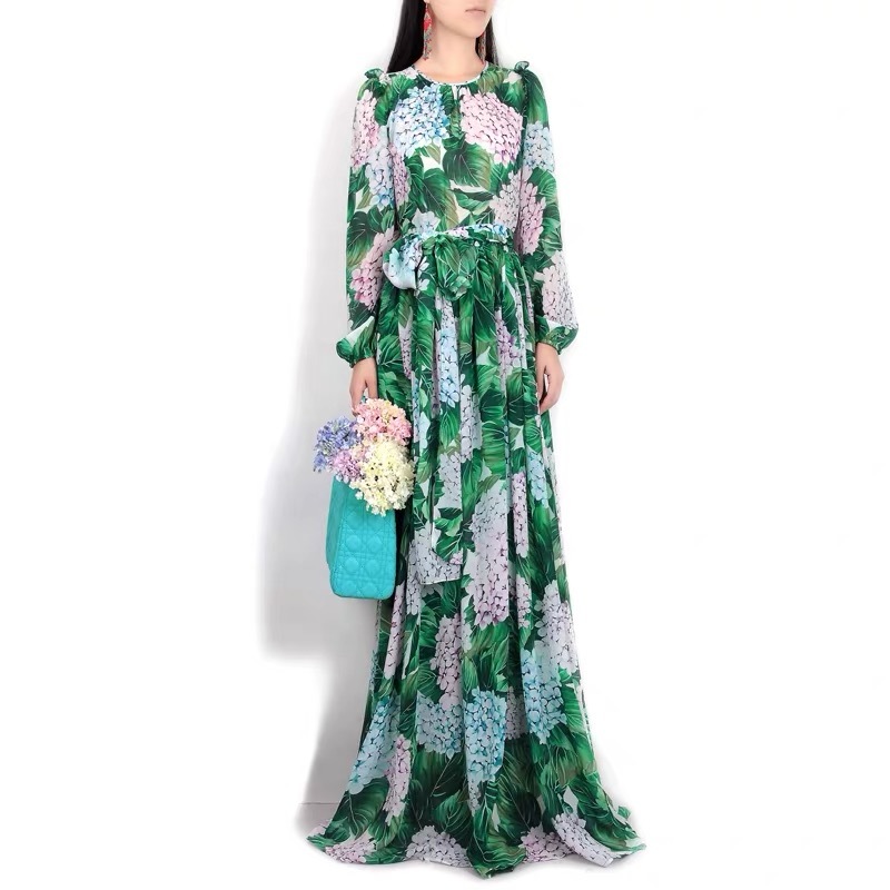 Spring Runway Maxi Dress Women's Long Sleeve Casual Bohemian Party Holiday Green Leaves Floral Printed 210421