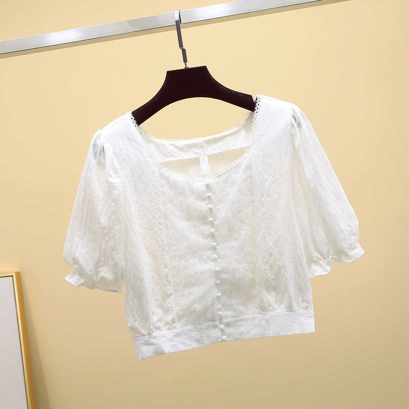 Summer Square Collar Top Woman Chiffon Blouse Solid Lantern Sleeve Short Women's Shirts Clothes Blusa 9880 210506