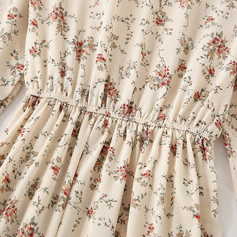 Autumn Women Chiffon Dress Vintage Long Sleeve Floral Print Ruffles Long Dresses Elastic Waist Casual Women Party Dress Vestidos 210521