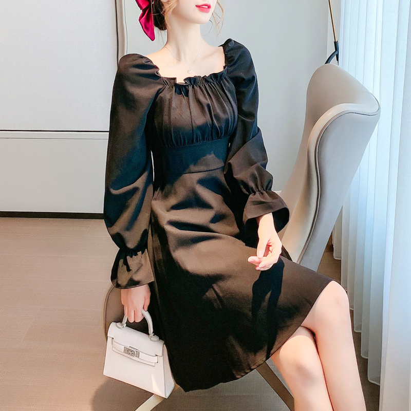 Sexy Dres Women Autumn Korean High Waist Kneelength Back Tie with Openback Square Collar Flare Long Sleeve Dresses 12160 210417