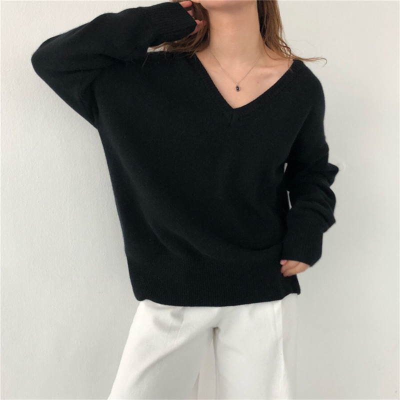Solid V-neck Knit Sweaters Autumn Winter Off Shoulder Knitwear Tops Women OL Long Sleeve Loose Knitted Sweater 210421