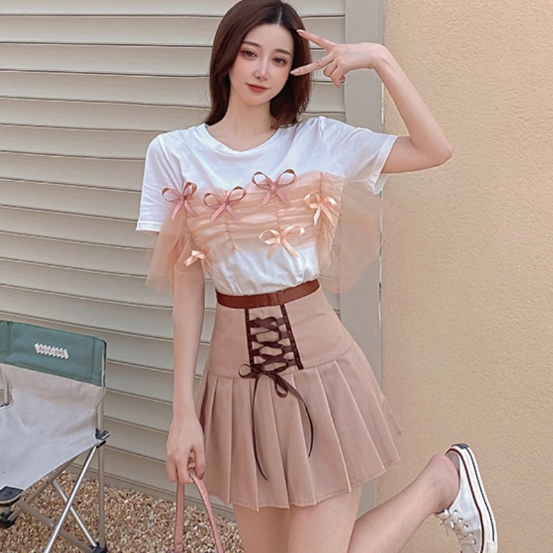 Summer Women 2 Piece Set Elegant Sweet Bow Mesh Patchwork T-Shirt + High Waist Mini Pleated Female Student Suit 210519