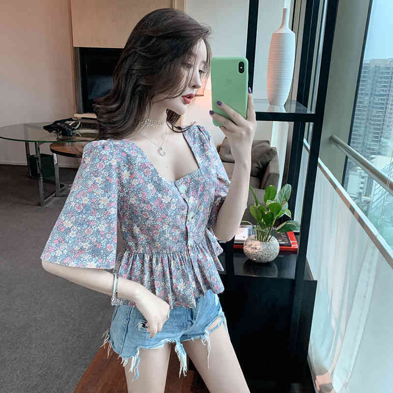 Korean Fashion Temperament Flowers Square Neck Short Sleeve Ruffles Women Blouses Slim Waist Single Breasted Chic Top 210519