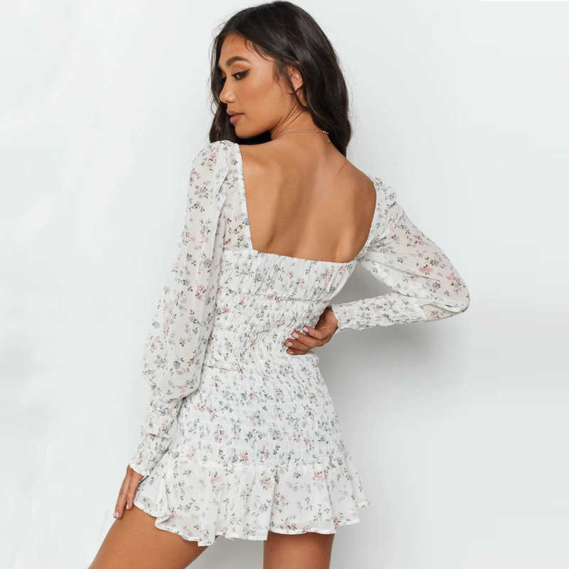 Summer Drawstring Square Neck Backless Puff Sleeve Floral Print Mini Dress Lady Chiffon Ruched Elastic Waist Ruffles White 210604