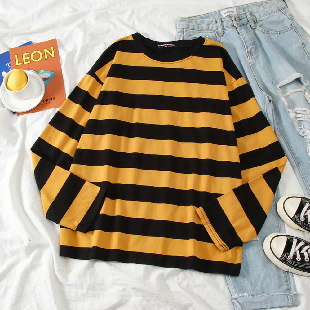 Women Spring Autumn Striped Loose Slim Fit T-shirt Harajuku Long Sleeve Korean Casual Basic Tops Streetwear 210428