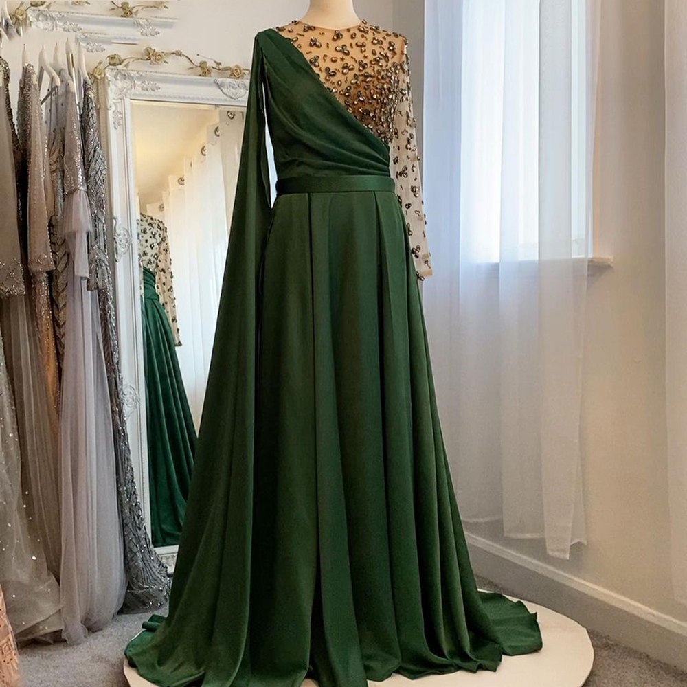 Saudi Arabic Green A Line Formal Evening Dresses Long Sleeve 2021 Luxury Crystals Beaded One Shoulder Satin Women Prom Party Gowns Pageant Dress