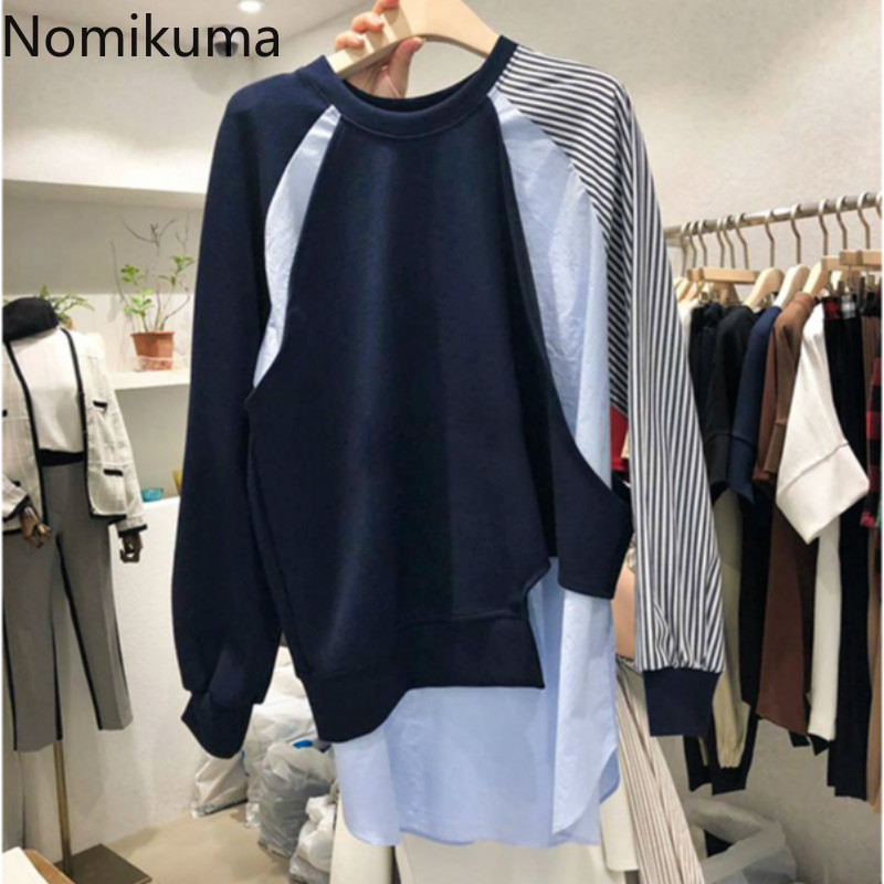 Nomikuma Irregular Patchwork Hit Color Stripe Sweatshirt Autumn Long Sleeve Hoodies Causal Korean Pullover Jumper 6C642 210427