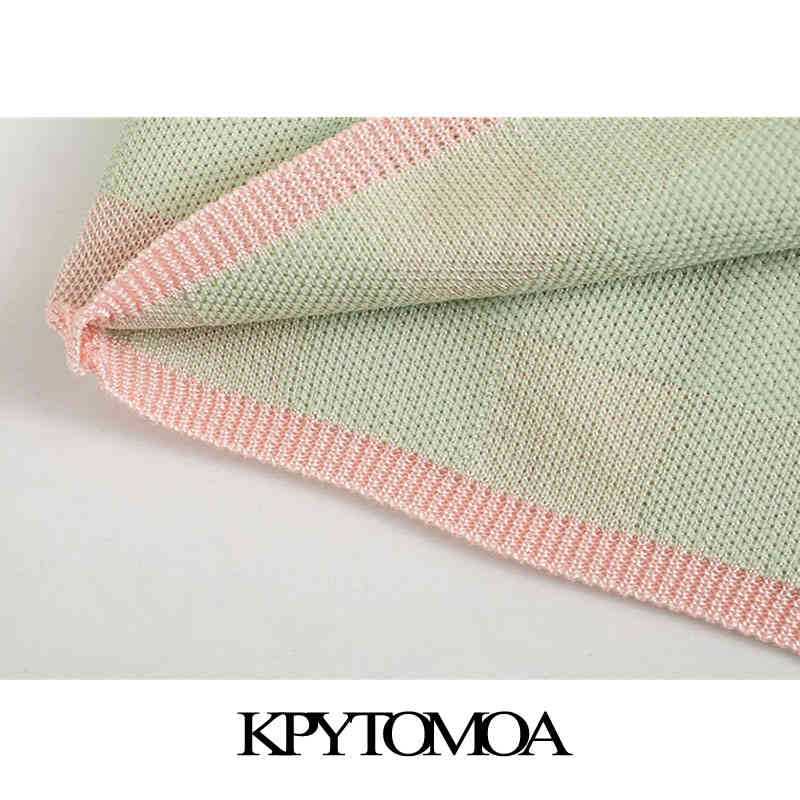 Women Fashion Check Cropped Knitted Tank Tops Vintage V Neck With Thin Straps Female Camis Mujer 210416