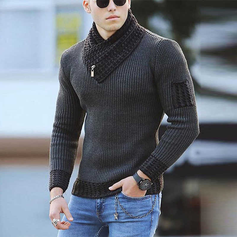 Casual Mens Slim Knit Sweater Autumn Winter Warm Turtleneck Jumpers Men Fashion Patchwork Long Sleeve Sweaters Streetwear 210929