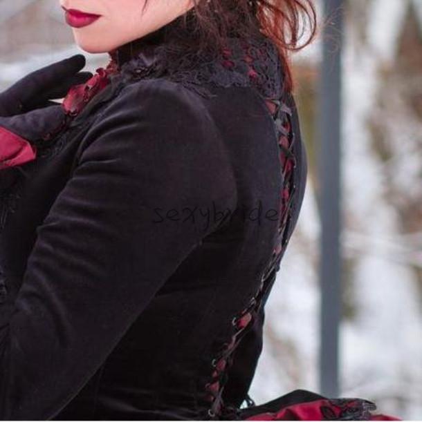Vintage Gothic Black And Red Victorian Wedding Dress With Long Sleeve Jacket 2022 Floral Bustle Ruched Skirt Lace-up Corset Autumn Winter Bride Dresse
