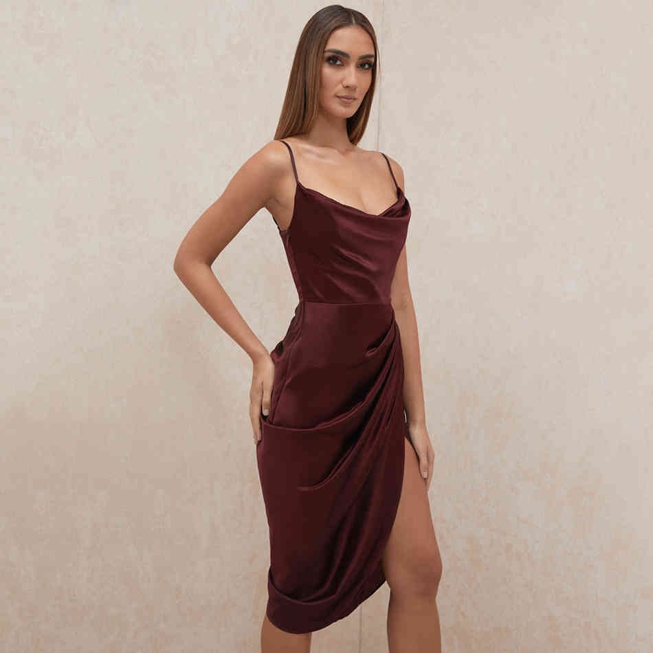 Free Burgundy Satin Dress Sexy Spaghetti Strap Sleeveless Bodycon Draping Club Runway Party Vestidos 210524