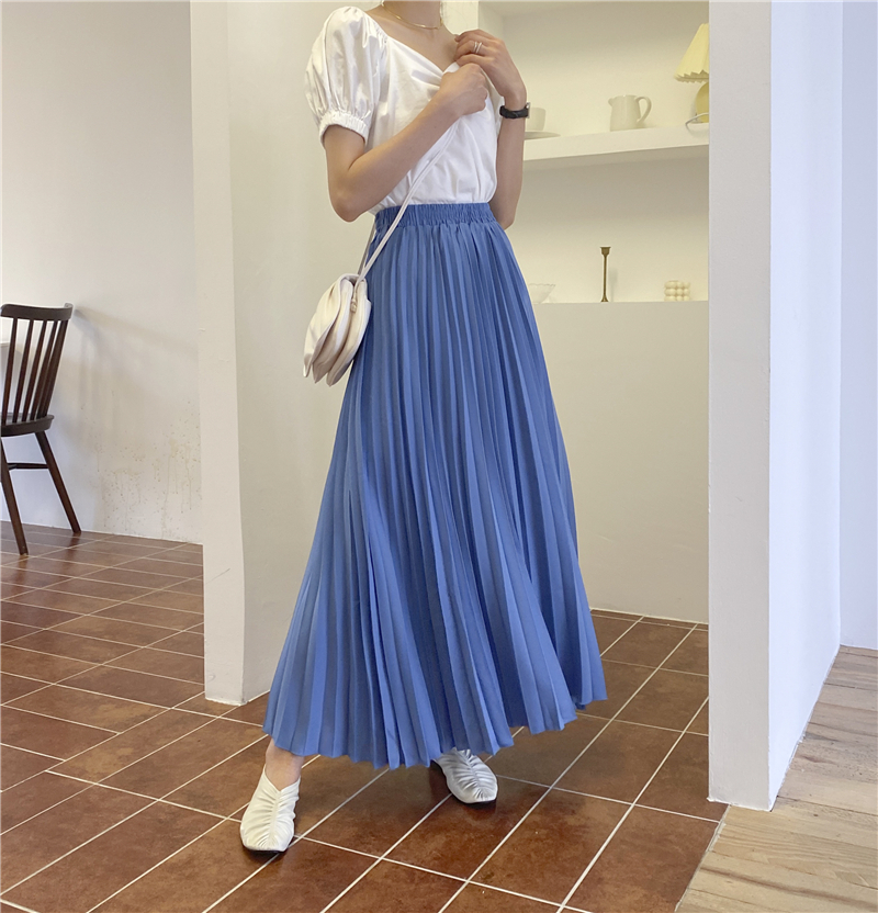 High Waist Pleated Skirts Womens Summer OL Elegant Solid A-Line Plus Size Maxi Long Chiffon Skirt Female 210421