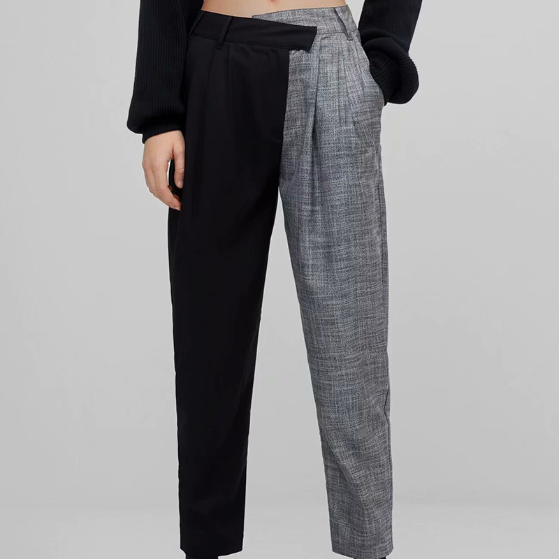 BBWM Women Chic Fashion Elegant Splicing Side Pockets Check Pants Vintage Office Ladies Low Waist Zipper Cropped Pants 210520