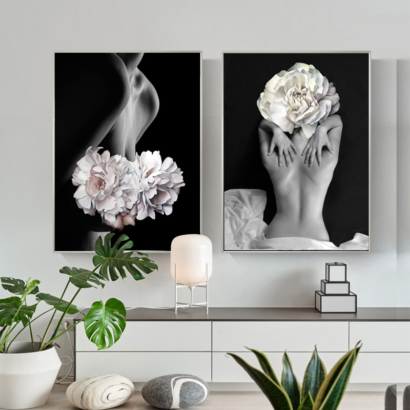 Posters and Prints Flowers Feather Women Oil Painting Canvas Wall Pictures for Living Room Home Decoration
