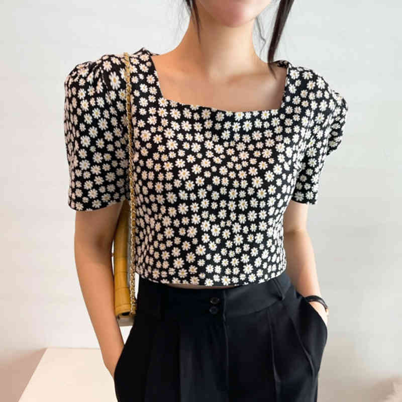 Square Collar Puff Sleeve Shirt Women Korean Chic Floral Daisy Print Crop Top Blouse Summer Casual All Match Blusas 210519