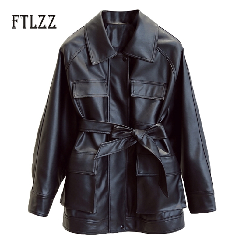 Women Medium Long Faux Leather Jacket Ladies With Belt Zipper Double-breasted Streetwear Coats Female Outwear 210525
Women Medium Long Faux Leather Jacket Ladies With Belt Zipper Double-breasted Streetwear Coats Female Outwear 210525