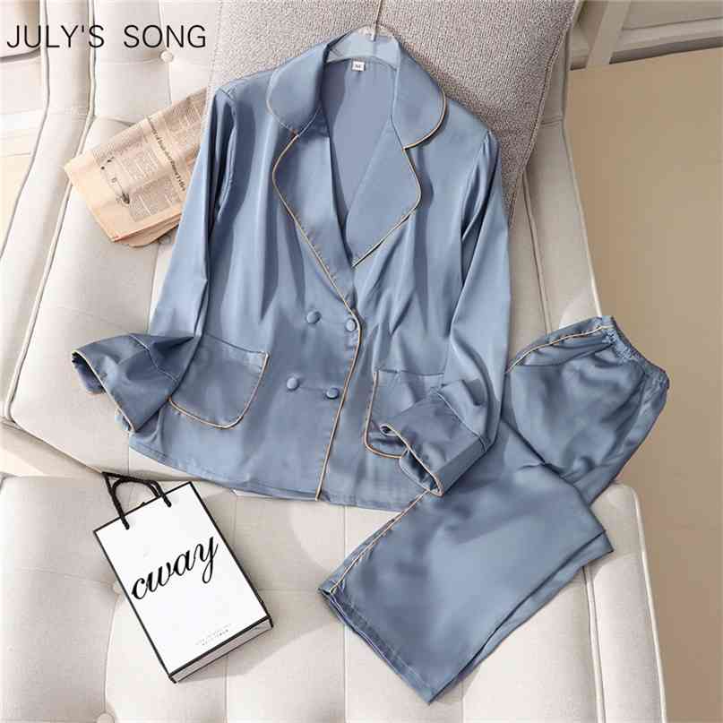 JULY'S SONG Faux Silk Pajamas Set Spring Summer Woman Pajamas Sleepwear Casual Long-sleeved Trousers Satin Silk Female Homewear 210924