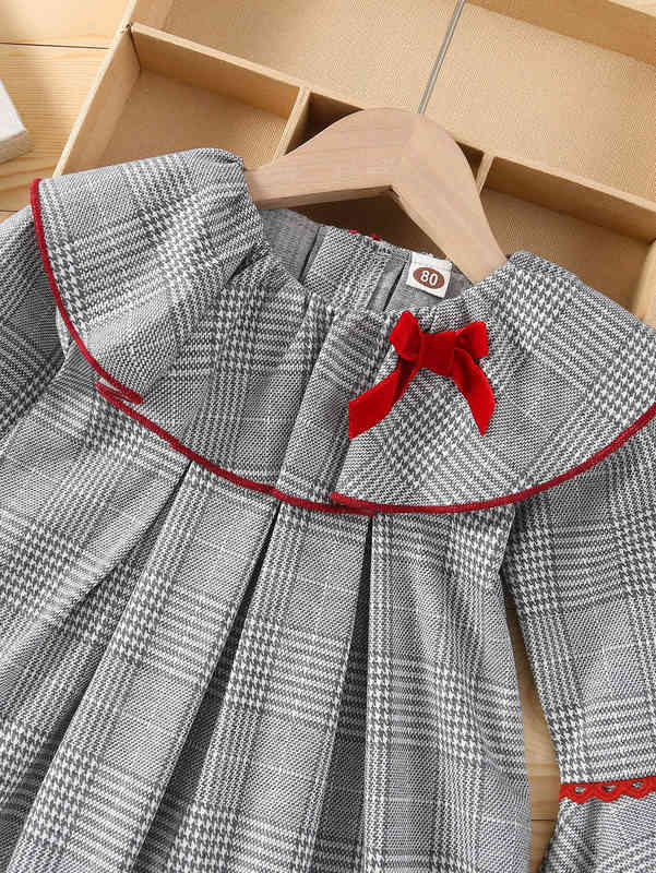 Baby Glen Plaid Bow Detail Ruffle Trim Flounce Sleeve Pleated Dress SHE