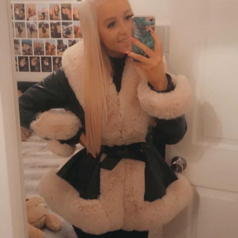 Genuine Leather Coat Fluffy Rex Rabbit Sweater Collar Long-Sleeved Warm Clothes Autumn&Winter Ladies Thick Outerwear 210927