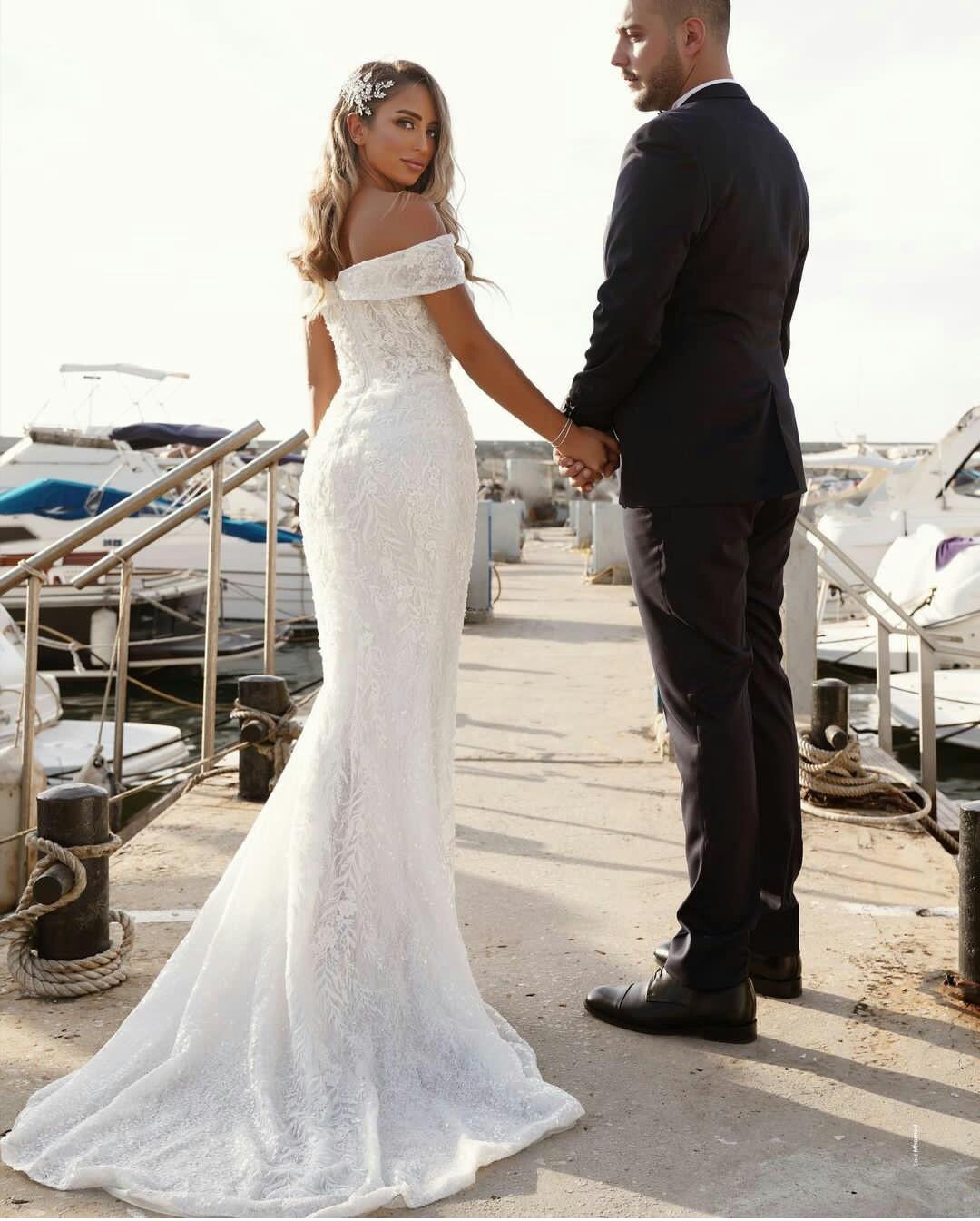 Lace Mermaid Robe De Marie Detachable Train Off The Shoulder Beach Wedding Gowns Summer Dresses Tachable