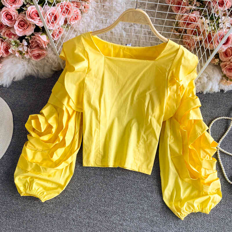 Nomikuma Korean Square Collar Slim Short Blouse Ruffle Pleated Puff Long Sleeve Tops Spring New Sweet Blusas Shirt 6G337 210427