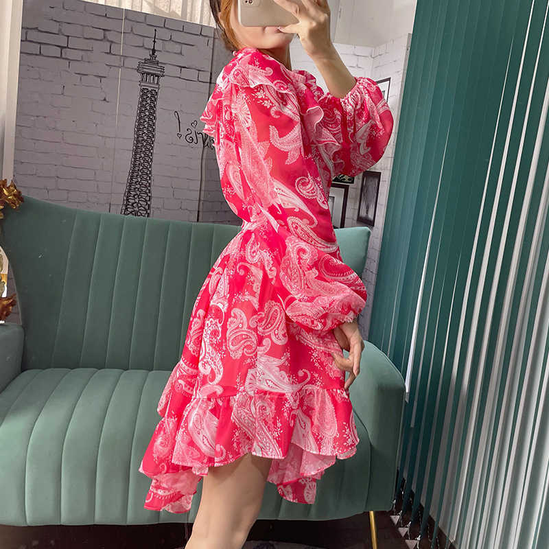 DEAT Women Ruffles Printing Dress Stand Neck Long Sleeve Lady Temperament Fashion Spring Summer 11D1878 210709