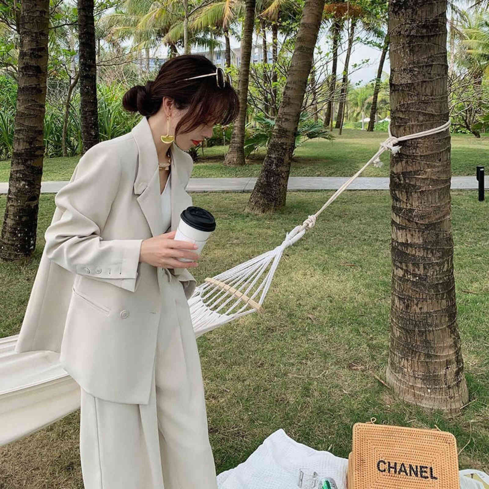 Bella Women Office White Suit Two-Piece Pantsuit Elegant Blazer Female Set Casual Loose Pants Jacket Work Clothes 211105