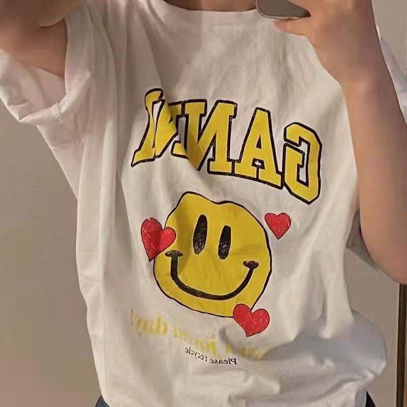 Ganni 2021ss summer new smiling face love short sleeve printing loose round neck Xinjiang cotton T-shirt for women, White
Ganni 2021ss summer new smiling face love short sleeve printing loose round neck Xinjiang cotton T-shirt for women, White