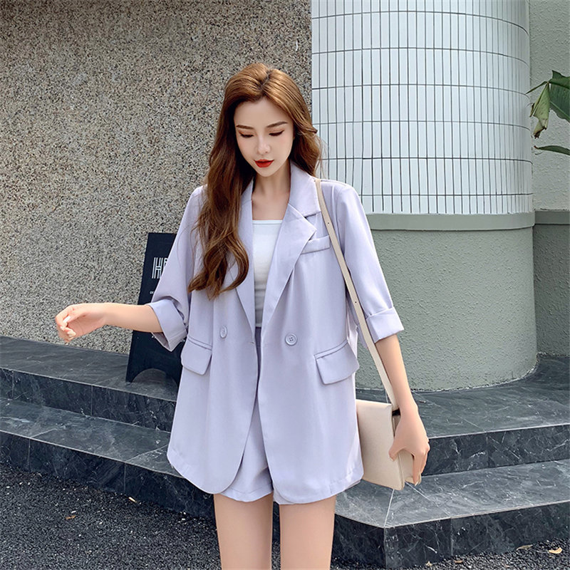 OL Purple Thin Summer Streetwear Chic Elegance Brief Blazers+High Waist Stylish Shorts Suits Women 2 Piece Sets 210421
