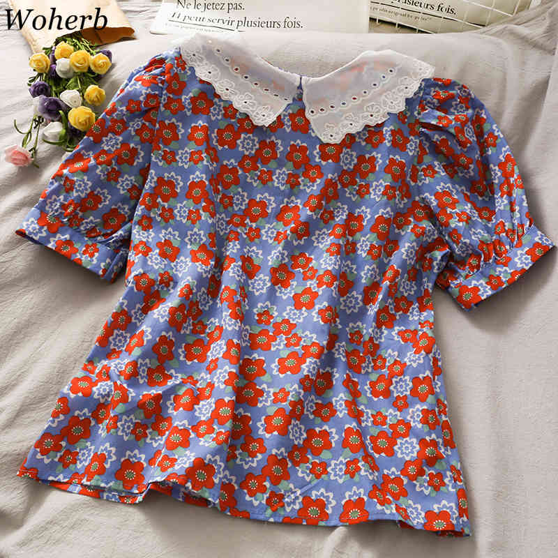 Floral Blusas Mujer Office Ladies Summer Tops Turn-down Collar Sweet Women Blouses Vintage Korean Print Cute Shirts 210519