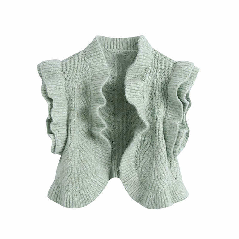 Sweater Women Spring Autumn Fashion Cardigan Solid Stand-up Collar Ruffles Sleeveless Knitted Vest 210628