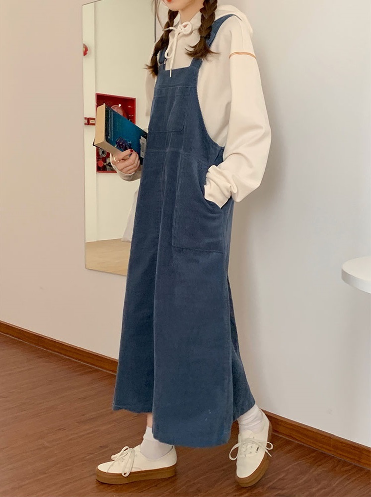 2colors autumn long dress korean style soild color loose vintage spaghetti strap dress womens corduroy tank dress (X1668) 210423