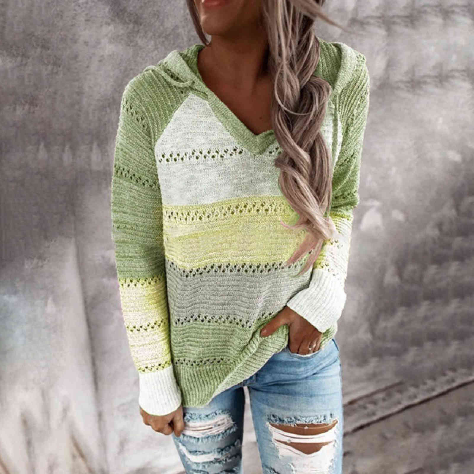 Autumn Women Patchwork Hooded Sweater Long Sleeve V-neck Knitted Sweater Casual Striped Pullover Jumpers Female Hoodies 211109