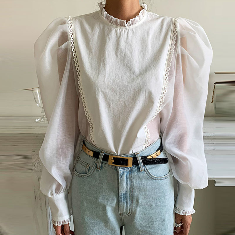 Nomikuma Ruffle Stand Neck Women Tops Korean Perspective Mesh Puff Sleeve Patchwork Blouse Causal Spring Blusas Shirt 6E115 210427
