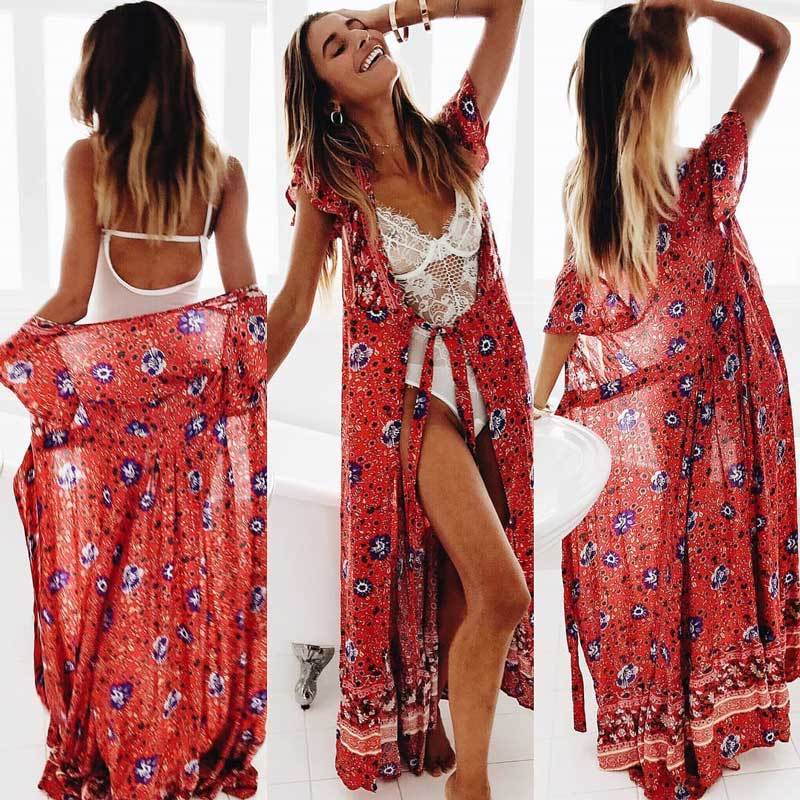 BOHO INSPIRED PINK FLORAL Wrap summer dress V-neck belt tied new maxi dress short sleeve gypsy casual women dress vestidos 210331