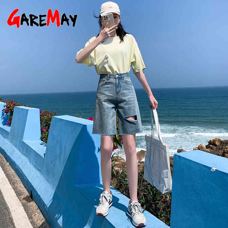 Women's Breeches Shorts Female Denim High Waist Ripped Knee Length Long Loose Vintage Summer 210428