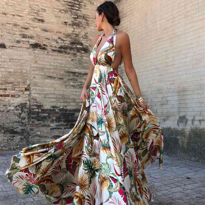 Women Dress Bohemian Maxi V Neck Backless Print es Sleeveless Bandage High Waist Large Hem Beach Summer 210513