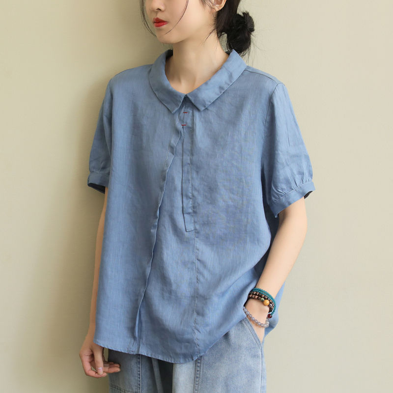 Summer Arts Style Women Short Sleeve Peter Pan Collar Loose Shirt All-matched Casual Cotton Linen Blouses Tops Plus Size S934 210512