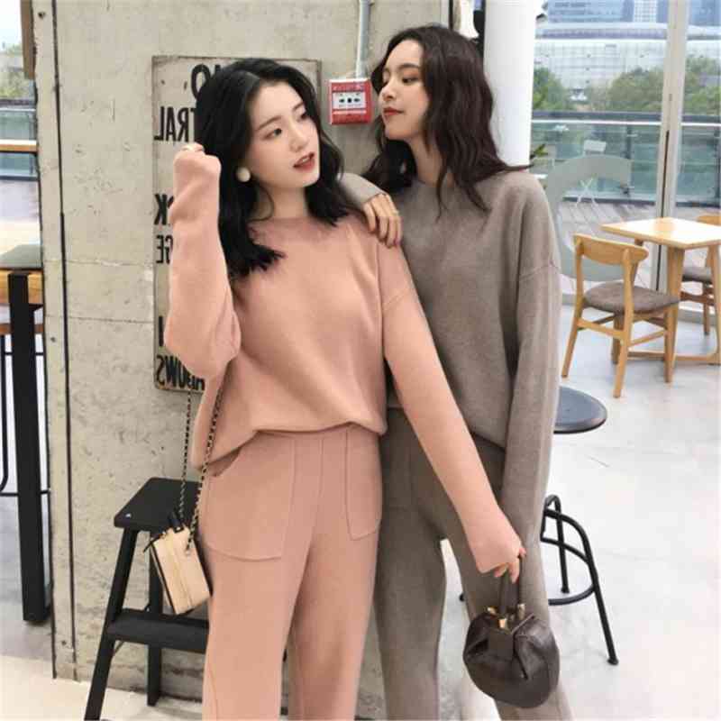 Autumn Women Suit Warm Cashmere Sport Sweater Two Piece Knitted Set Casual Tracksuit Elegant Jogger Sweatsuit 210428