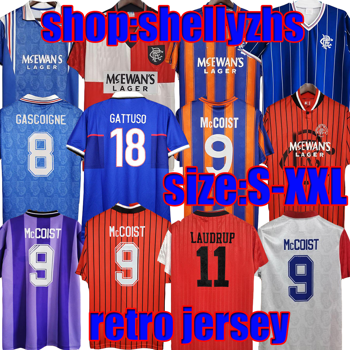 Retro 93 94 Glasgow Rangers soccer jerseys 82 83 87 88 90 1992 1994 1995 96 97 99 2000 2002 Vintage kits GASCOIGNE MCCOIST Classic Top football shirts, Black;yellow
Retro 93 94 Glasgow Rangers soccer jerseys 82 83 87 88 90 1992 1994 1995 96 97 99 2000 2002 Vintage kits GASCOIGNE MCCOIST Classic Top football shirts, Black;yellow
