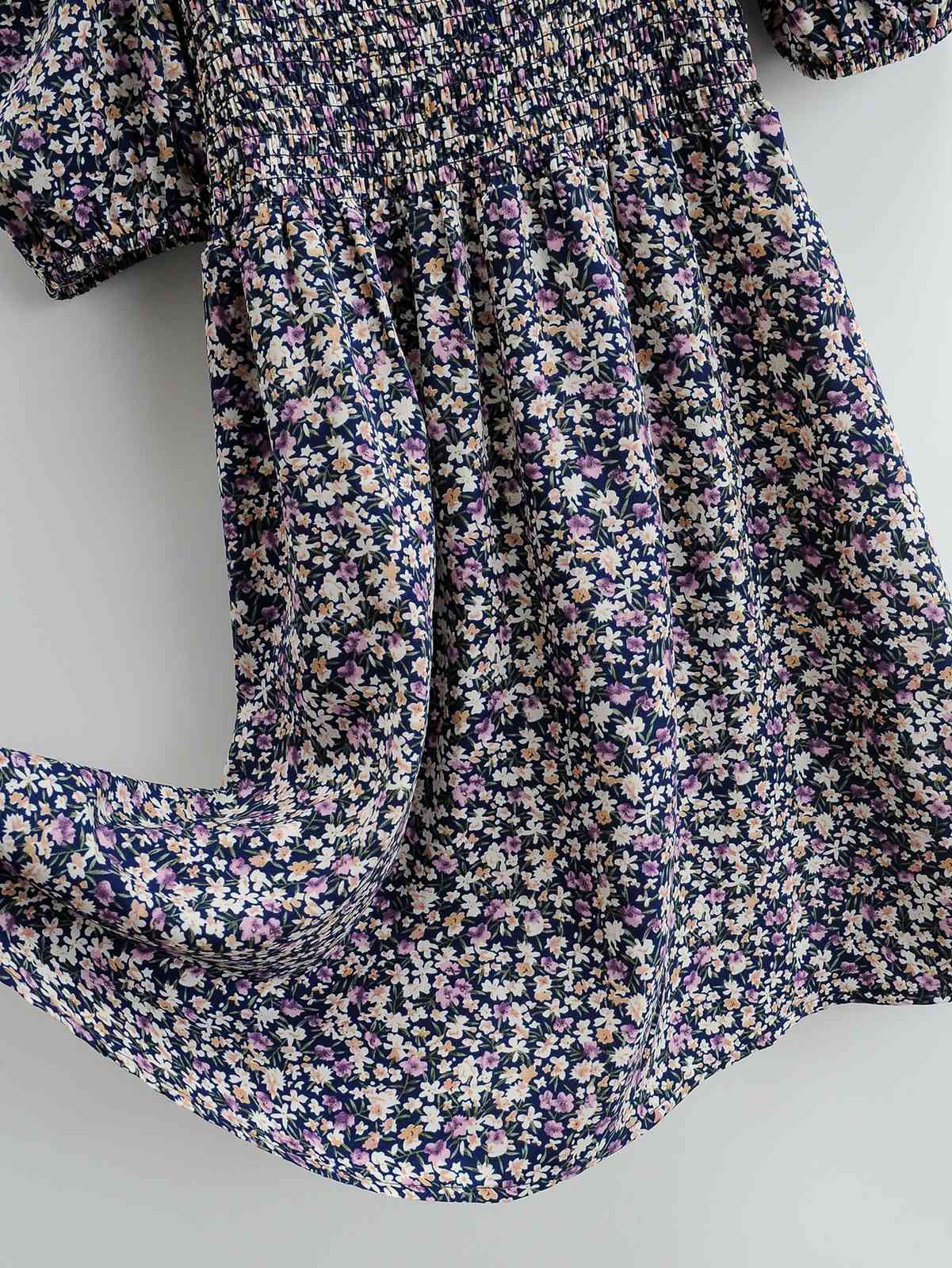 Holiday Hit color Floral Print Elastic Ruched Dress Woman Short Puff Sleeve Swing A line Mini Dresses 210429