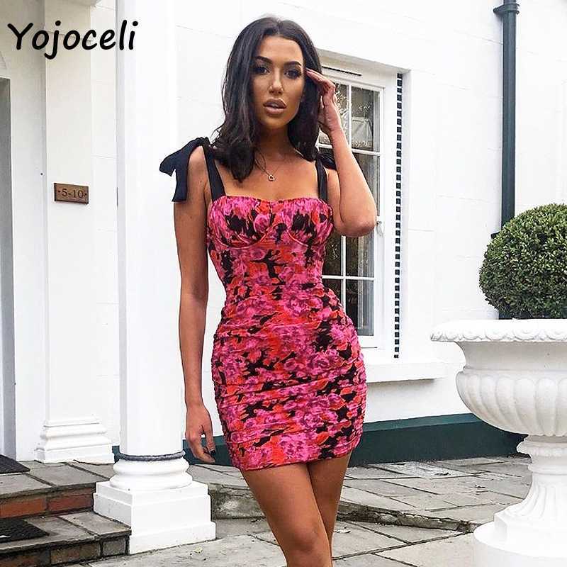 Yojoceli sexy party club floral print dres bow mini female vestidos 210609