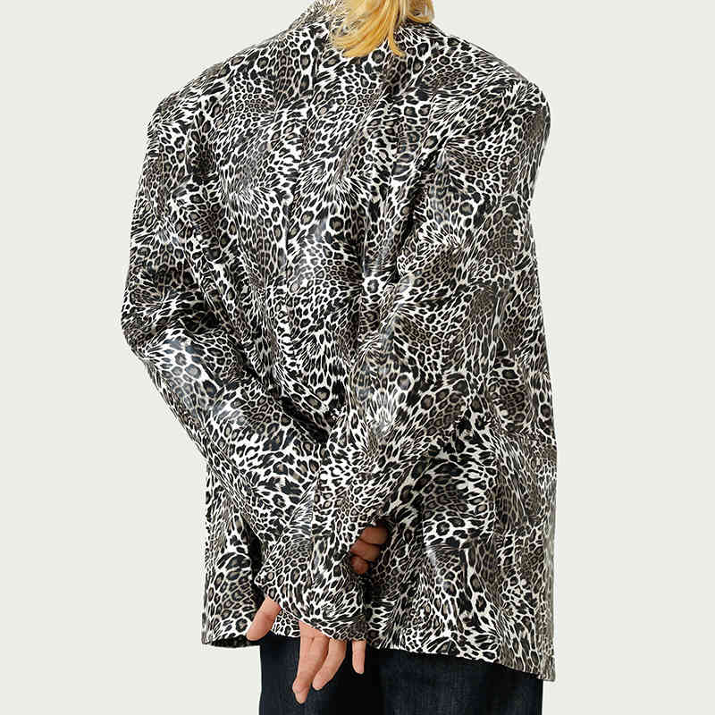 IEFB Men's Clothing Trend Leopard Print PU Leather Casual Jacket Vintage Noched Collar Long Sleeve Suit Coat 9Y7305 210524