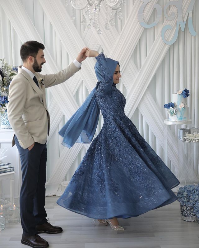 2022 Plus Size Arabic Aso Ebi Navy Blue Luxurious Muslim Prom Dresses Lace Beaded Evening Formal Party Second Reception Gowns Dress ZJ335