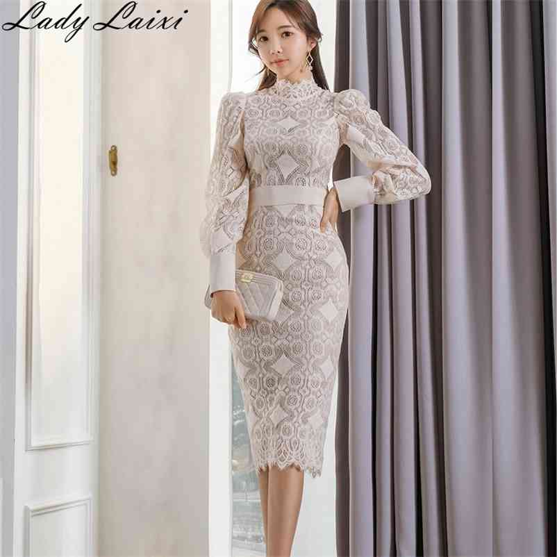 Summer Elegant Slim Bodycon Lace Dress Women stand neck Long Sleeve Sexy Work Casual Party Dresses New OL Pencil Vestidos 210409