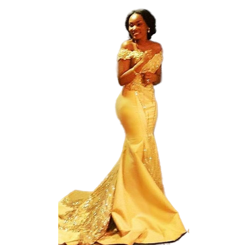 2026 Elegant Yellow African Mermaid Evening Dresses Long Train Formal Off The Shoulder Luxury Beaded Crystals Sequins Satin Arabic Plus size Trumpet P